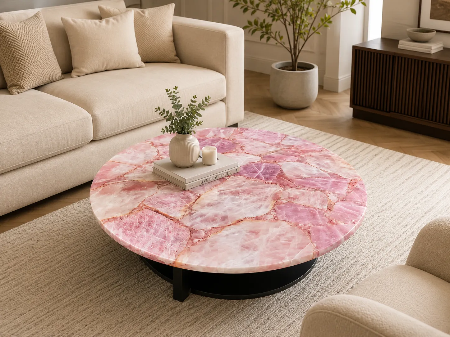 Luxury Home Furniture , Rose Quartz Table Top, Custom Table