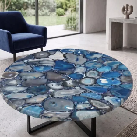 Blue Agate Round Coffee Table Round Antique Counter Top Sofa Centerpiece Decor
